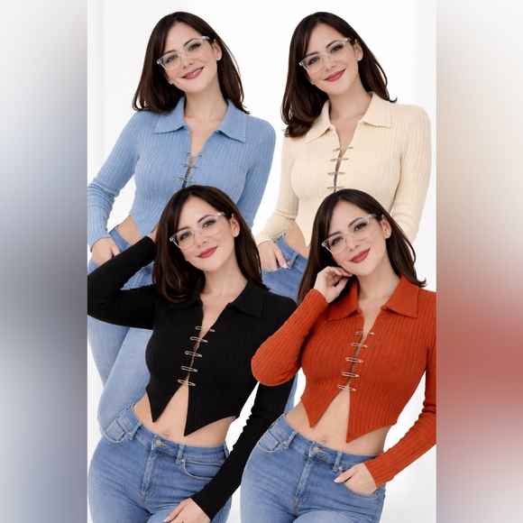 Ribbed Hook Front Crop TopStretchy Fitted Long Sleeve Top